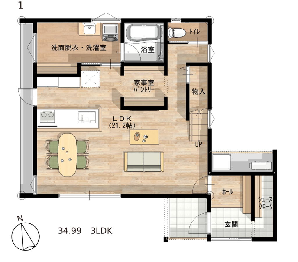 イラスト:モデルハウス「2つの箱でできた白い家」間取り図1F